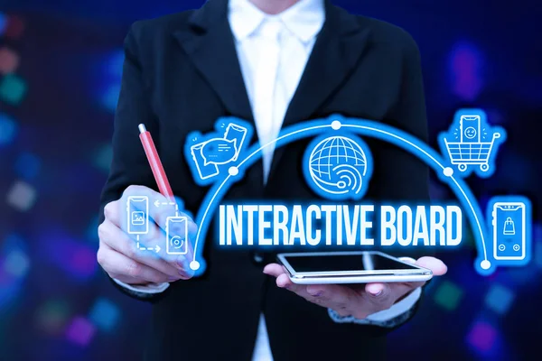 Handwriting text Interactive Board. Concept meaning standalone touchscreen computer used independently Lady In Uniform Holding Tablet In Hand Virtually Typing Futuristic Tech. — Foto de Stock