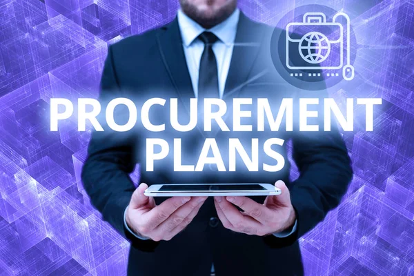 Hand writing sign Procurement Plans. Business idea determining the timeframes for their procurement Man In Office Uniform Holding Tablet Displaying New Modern Technology. — Stockfoto