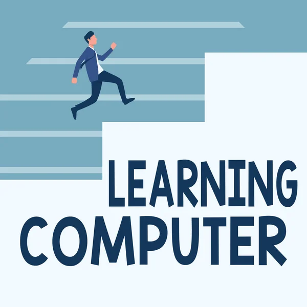 Handwriting text Learning Computer. Conceptual photo learn more about each of the components in the computer Gentleman In Suit Running Upwards On A Large Stair Steps Showing Progress. — Stockfoto