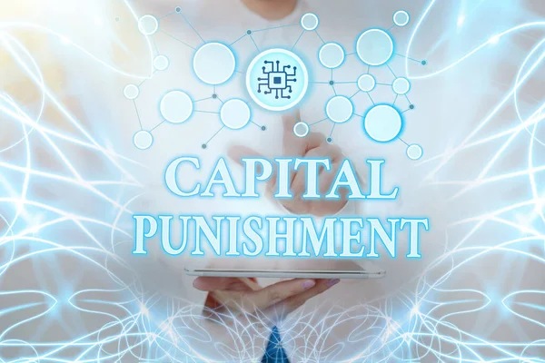 Writing displaying text Capital Punishment. Business idea authorized killing of someone as punishment for a crime Lady Holding Tablet Pressing On Virtual Button Showing Futuristic Tech. — стокове фото
