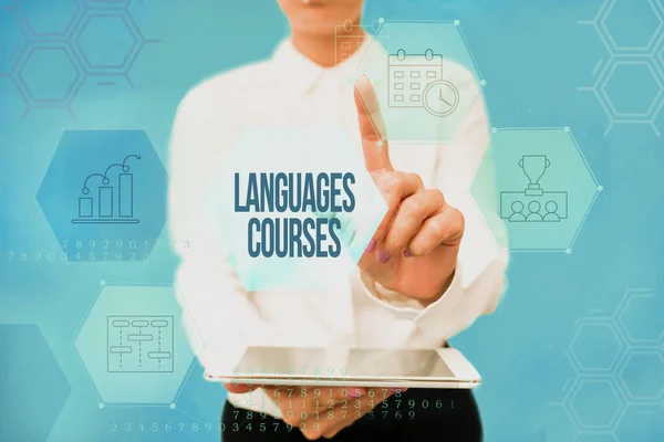 Text showing inspiration Languages Courses. Business overview set of classes or a plan of study on a foreign language Lady In Uniform Holding Phone Virtual Press Button Futuristic Technology. — Foto Stock