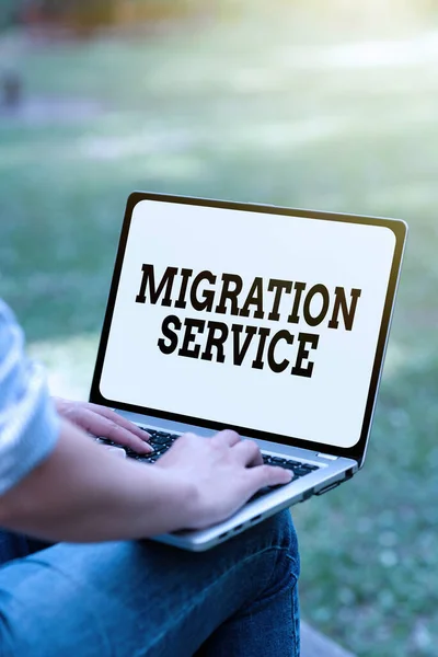 Text showing inspiration Migration Service. Word for moving of company data to a cloud service providers Online Jobs And Working Remotely Connecting People Together — Zdjęcie stockowe