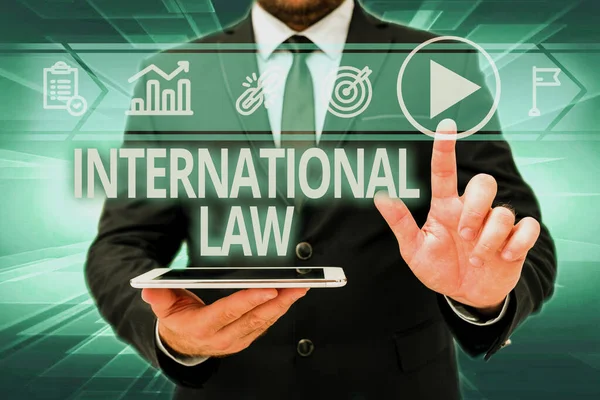 Sign displaying International Law. Conceptual photo system of treaties and agreements between nations Man In Office Uniform Standing Pressing Virtual Button Holding Tablet. —  Fotos de Stock