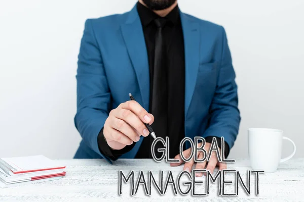 Writing displaying text Global Management. Business approach way an organization manages its business internationally Discussing Important Idea Presenting And Explaining Business Plan Designs — стоковое фото