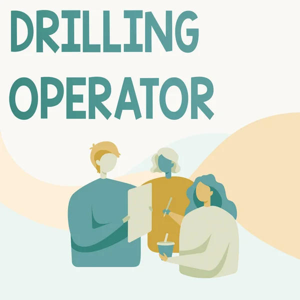 Writing displaying text Drilling Operator. Business idea someone that do the rigging and drilling operations Colleagues Standing Talking To Each Other Holding Paper Pen Cup. — ストック写真