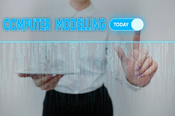 Text sign showing Computer Modelling. Business overview using a computer to make a model of a plan or design Lady Holding Tablet Pressing On Virtual Button Showing Futuristic Tech. — Fotografia de Stock