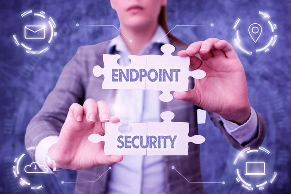 Hand writing sign Endpoint Security. Business concept the methodology of protecting the corporate network Business Woman Holding Jigsaw Puzzle Piece Unlocking New Futuristic Tech. — Stockfoto