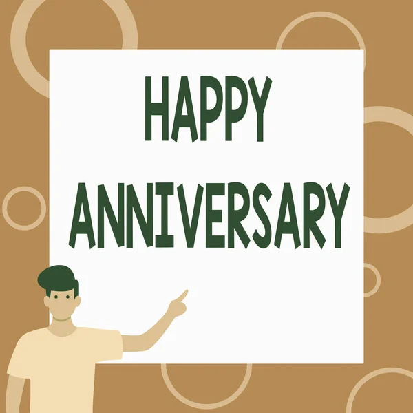 Sign displaying Happy Anniversary. Conceptual photo The annually recurring date of a past event celebration Gentleman Drawing Standing Pointing Finger In Blank Whiteboard. — Stock Photo, Image