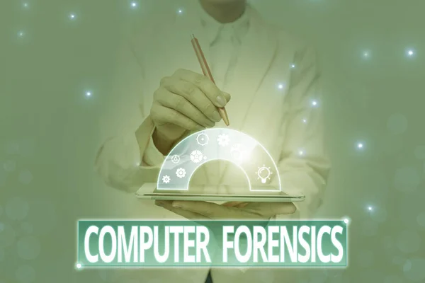 Inspiration showing sign Computer Forensics. Business overview the investigative analysis techniques on computers Lady In Uniform Holding Pen Phone Showing Futuristic Virtual Interface.