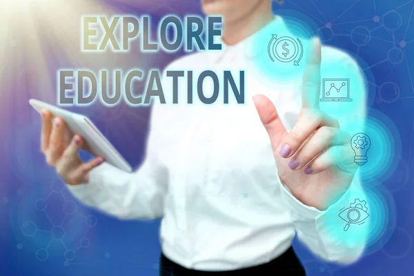 Sign displaying Explore Education. Internet Concept Discover the ways of acquiring knowledge or skills Lady In Uniform Standing Hold Phone Virtual Press Button Futuristic Tech. — Φωτογραφία Αρχείου
