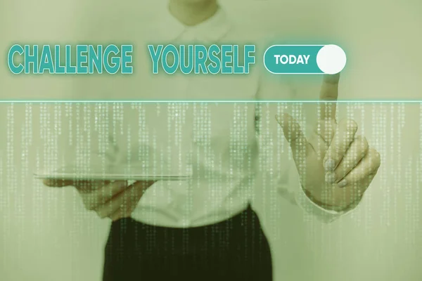 Text showing inspiration Challenge Yourself. Business idea opportunity to be part of something bigger than ourselves Lady Holding Tablet Pressing On Virtual Button Showing Futuristic Tech. — Φωτογραφία Αρχείου