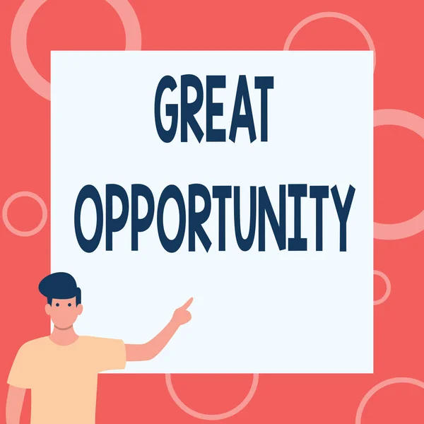 Sign displaying Great Opportunity. Word for an appropriate or favorable time or occasion to venture Gentleman Drawing Standing Pointing Finger In Blank Whiteboard. — Stockfoto