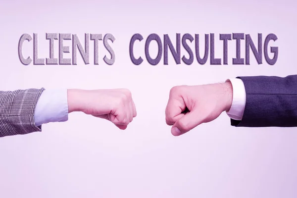 Inspiration showing sign Clients Consulting. Concept meaning providing of expert knowledge to a third party for a fee Two Professional Well-Dressed Corporate Businessmen Handshake Indoors — Fotografia de Stock