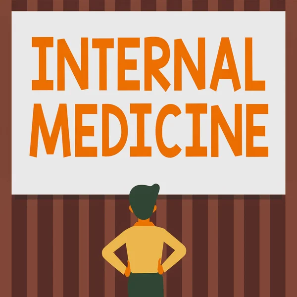 Sign displaying Internal Medicine. Word Written on dedicated to the diagnosis and medical treatment of adults Man Drawing Standing Hands N Hips Looking At An Empty Whiteboard.
