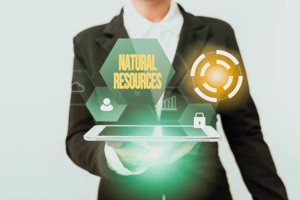 Sign displaying Natural Resources. Internet Concept materials that occur in nature and used for economic gain Woman In Suit Standing Using Device Showing New Futuristic Virtual Tech.