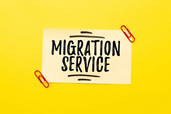 Handwriting text Migration Service. Word Written on moving of company data to a cloud service providers Critical Thinking Finding Clues Answering Questions Collecting Data — Stockfoto