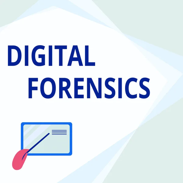 Conceptual caption Digital Forensics. Business concept investigation of material found in digital devices Card Drawing With Hand Pointing Stick At Small Details.