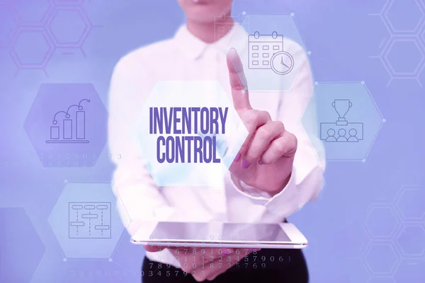 Writing displaying text Inventory Control. Business showcase regulating and maximising your company s is inventory Lady In Uniform Holding Phone Virtual Press Button Futuristic Technology. —  Fotos de Stock