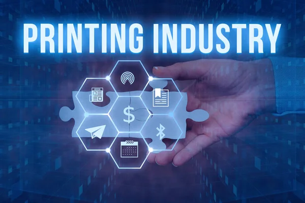 Text caption presenting Printing Industry. Word for industry involved in production of printed matter Hand Holding Jigsaw Puzzle Piece Unlocking New Futuristic Technologies. — Zdjęcie stockowe