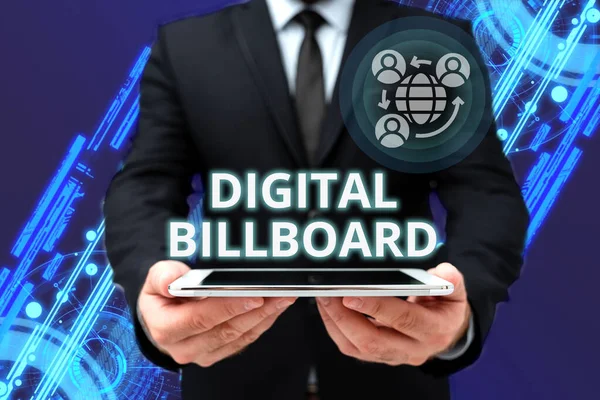 Writing displaying text Digital Billboard. Word Written on billboard that displays digital images for advertising Man In Office Uniform Holding Tablet Displaying New Modern Technology. — Fotografia de Stock