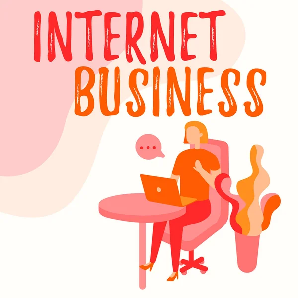 Text showing inspiration Internet Business. Business idea business or commercial transactions that take place online Woman Sitting Office Desk Using Laptop With Speech Bubble Beside Plant. — Photo