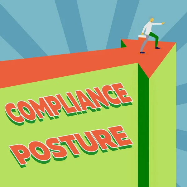 Text sign showing Compliance Posture. Internet Concept manage the defense of the enterprise and assure resources Man Illustration Carrying Suitcase On Top Of Arrow Showing New Phase Targets. — Fotografia de Stock