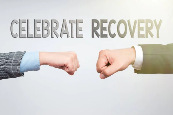 Writing displaying text Celebrate Recovery. Business concept recovery program for anyone struggling with hurt or pain Two Professional Well-Dressed Corporate Businessmen Handshake Indoors — Fotografia de Stock