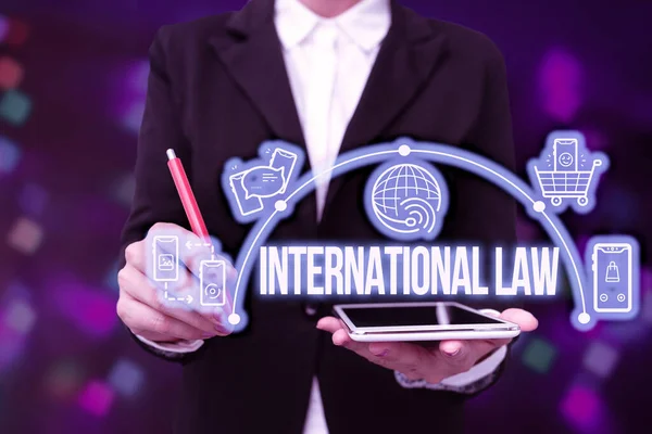 Hand writing sign International Law. Internet Concept system of treaties and agreements between nations Lady In Uniform Holding Tablet In Hand Virtually Typing Futuristic Tech. — Fotografia de Stock