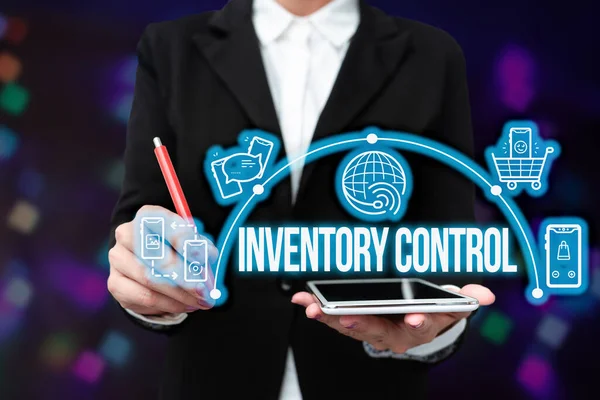 Text sign showing Inventory Control. Business idea regulating and maximising your company s is inventory Lady In Uniform Holding Tablet In Hand Virtually Typing Futuristic Tech. —  Fotos de Stock