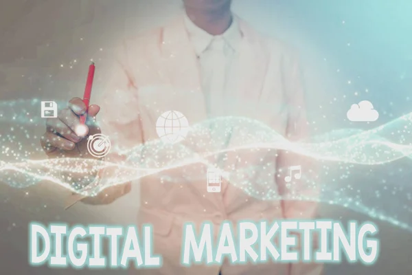 Handwriting text Digital Marketing. Business overview marketing of products using digital technologies Lady In Uniform Holding Tablet In Hand Virtually Tapping Futuristic Tech. — Φωτογραφία Αρχείου