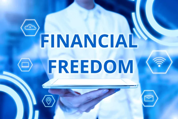 Conceptual caption Financial Freedom. Business concept make big life decisions without being stressed about money Lady Uniform Standing Tablet Hand Presenting Virtual Modern Technology — Stockfoto