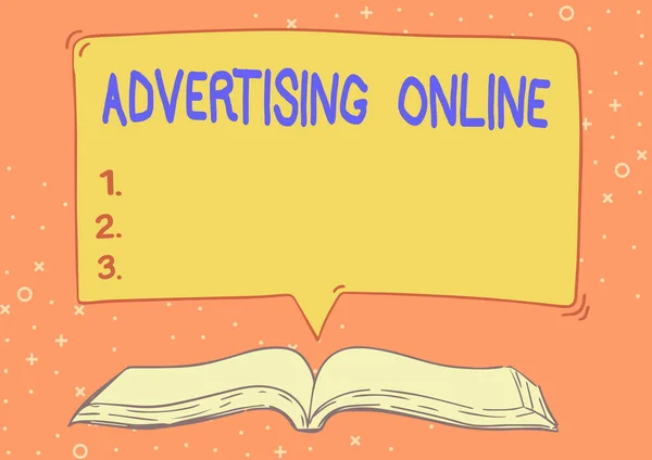 Вдохновение показывает знак Реклама в Интернете. Word Warner о маркетинговой стратегии, которая предполагает использование иллюстрации "Открытая книга" в Интернете.. — стоковое фото