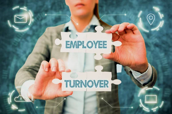 Writing displaying text Employee Turnover. Business showcase the percentage of workers who leave an organization Business Woman Holding Jigsaw Puzzle Piece Unlocking New Futuristic Tech. — Fotografia de Stock