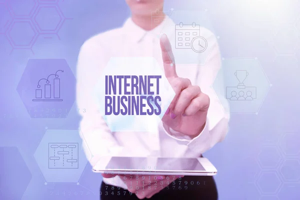 Hand writing sign Internet Business. Business idea business or commercial transactions that take place online Lady In Uniform Holding Phone Virtual Press Button Futuristic Technology. — Zdjęcie stockowe