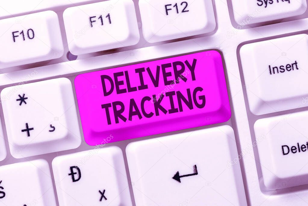 Text showing inspiration Delivery Tracking. Word for the process of localizing shipping containers and mails Creating New Online Shop Business, Typing List Of Trading Goods