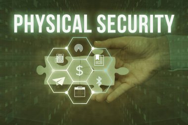 Conceptual caption Physical Security. Word for designed to deny unauthorized access to facilities Hand Holding Jigsaw Puzzle Piece Unlocking New Futuristic Technologies.