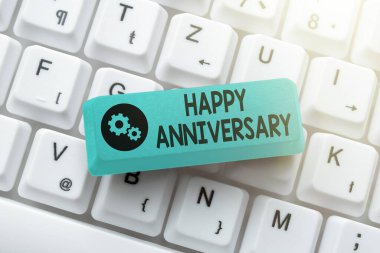 Text caption presenting Happy Anniversary. Business idea The annually recurring date of a past event celebration Abstract Online Registration Process, Typing Personal Informations