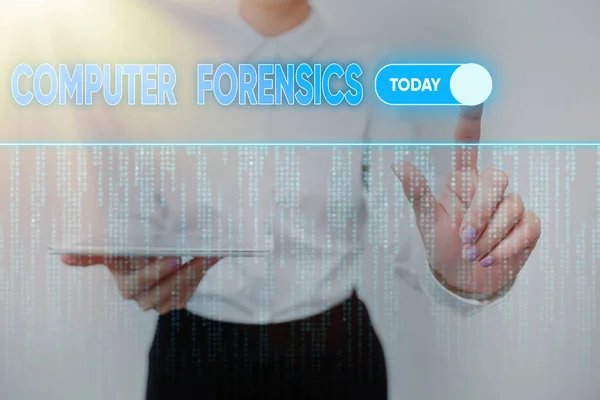 Conceptual caption Computer Forensics. Business approach the investigative analysis techniques on computers Lady Holding Tablet Pressing On Virtual Button Showing Futuristic Tech. — Foto Stock
