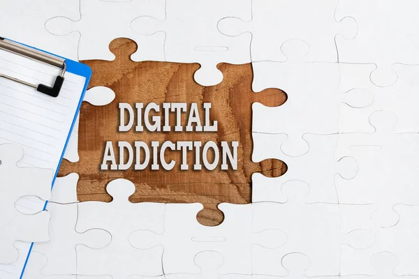 Text showing inspiration Digital Addiction. Business overview disorder that involves the obsessive use of mobile devices Building An Unfinished White Jigsaw Pattern Puzzle With Missing Last Piece — Photo