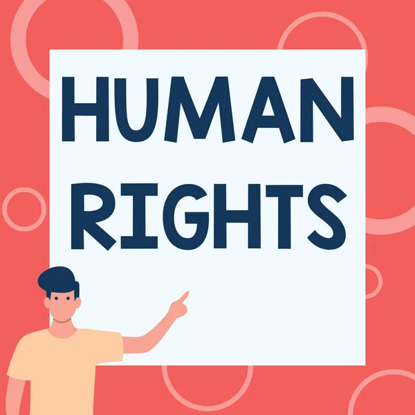 Text sign showing Human Rights. Concept meaning the equality of fighting for your rights individuality Gentleman Drawing Standing Pointing Finger In Blank Whiteboard. — Zdjęcie stockowe