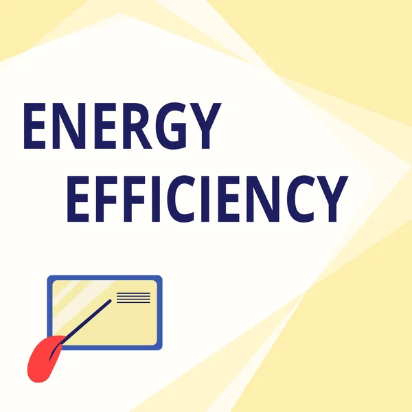 Hand writing sign Energy Efficiency. Internet Concept reduce the amount of energy required to provide product Card Drawing With Hand Pointing Stick At Small Details. — Fotografia de Stock