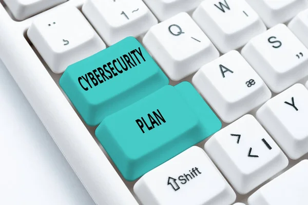Text sign showing Cybersecurity Plan. Internet Concept Techniques of protecting computer and system from attacks Typing Certification Document Concept, Retyping Old Data Files — Stockfoto