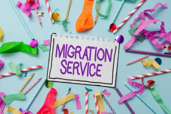 Writing displaying text Migration Service. Business idea moving of company data to a cloud service providers Colorful Party Collections Flashy Celebration Stuff Birthday Festival Kit — Stockfoto