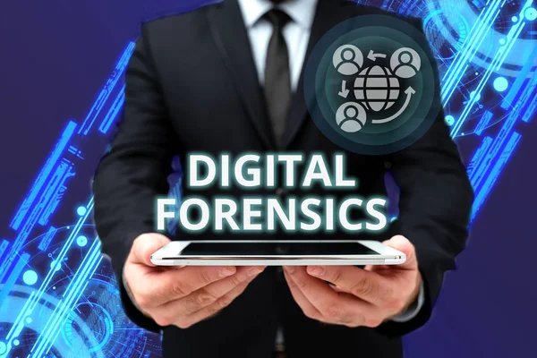 Conceptual caption Digital Forensics. Business idea investigation of material found in digital devices Man In Office Uniform Holding Tablet Displaying New Modern Technology. — Zdjęcie stockowe