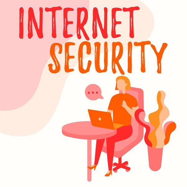 手書きのテキストインターネットセキュリティ。ビジネスは植物の横にスピーチバブルとノートパソコンを使用して女性のシッティングオフィスの机を正確にインターネットベースの脅威に対処するセキュリティを示しています. — ストック写真