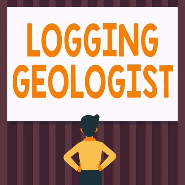 Text showing inspiration Logging Geologist. Business idea Layout and execution of definition diamond drill programs Man Drawing Standing Hands N Hips Looking At An Empty Whiteboard. — Stok fotoğraf