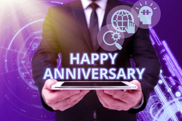 Conceptual display Happy Anniversary. Business approach The annually recurring date of a past event celebration Man In Office Uniform Holding Tablet Displaying New Modern Technology. — Fotografia de Stock