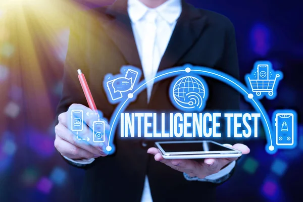 Sign displaying Intelligence Test. Internet Concept test designed to measure the ability to think and reason Lady In Uniform Holding Tablet In Hand Virtually Typing Futuristic Tech. — Zdjęcie stockowe