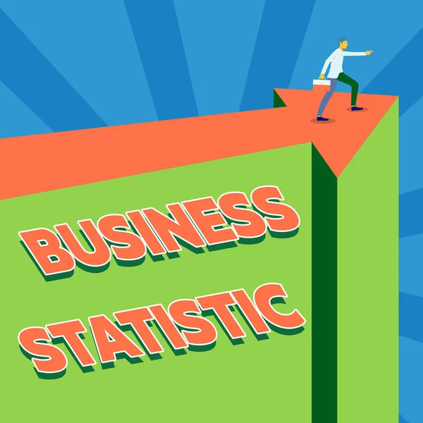 Text sign showing Business Statistic. Word Written on science of accurate and very quick decision makings Man Illustration Carrying Suitcase On Top Of Arrow Showing New Phase Targets. — Stock Photo, Image