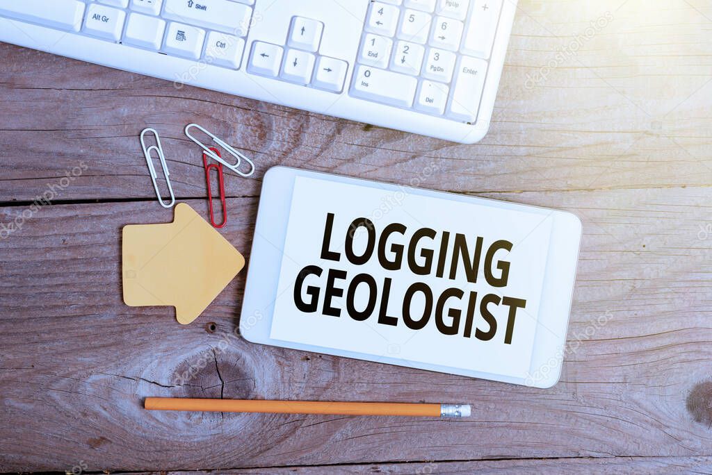Text caption presenting Logging Geologist. Business approach Layout and execution of definition diamond drill programs Display of Different Color Sticker Notes Arranged On flatlay Lay Background
